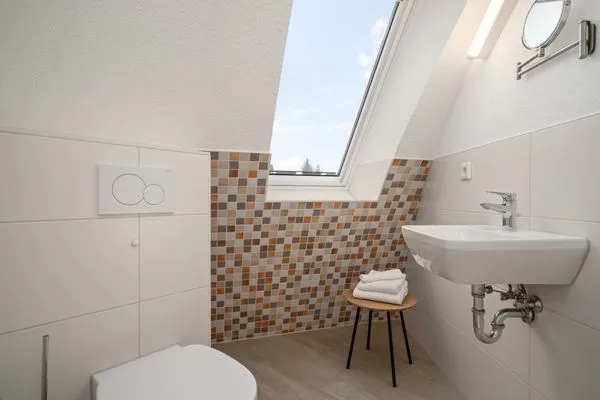 Ferienhaus Nordkugel – Kugelhaus am Tollensesee – helles Gäste-WC im Obergeschoss mit Dachfenster & Mosaikakzent  Nordkugel