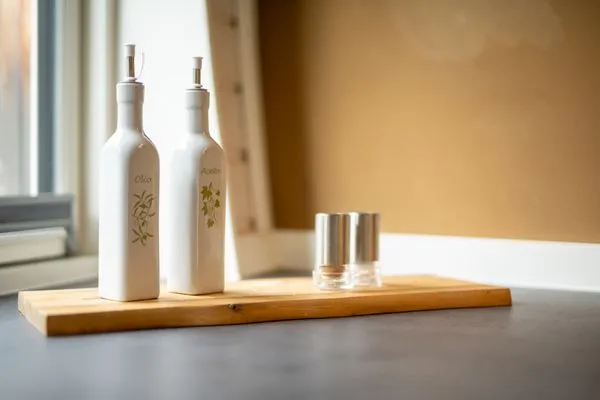 Ferienhaus Nordkugel – Kugelhaus am Tollensesee – liebevolle Küchen-Details mit Öl & Aceto auf Holztablett  Nordkugel