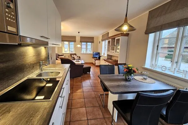 Moderne Küche mit Esstisch und Wohnbereich im Hintergrund.  Am Museum - Wohnung 1