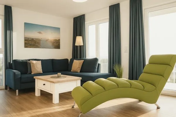 Wohnzimmer mit Liege und Sofa  Weitblick