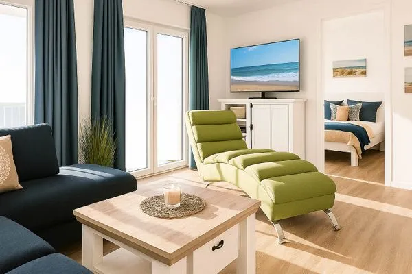 Heller Wohnraum mit Sofa und Fernseher  Weitblick