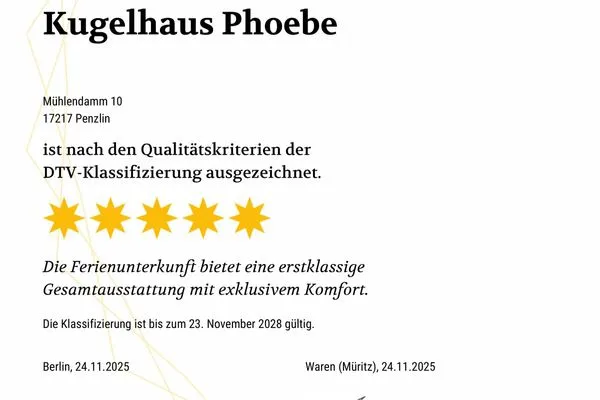 Ferienhaus Phoebe - Kugelhaus am Tollensesee - DTV Urkunde  Phoebe
