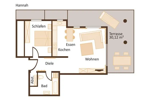 Grundriss  Villa Friede-Marie, App. Hannah - mit Terrasse und Ostseeblick