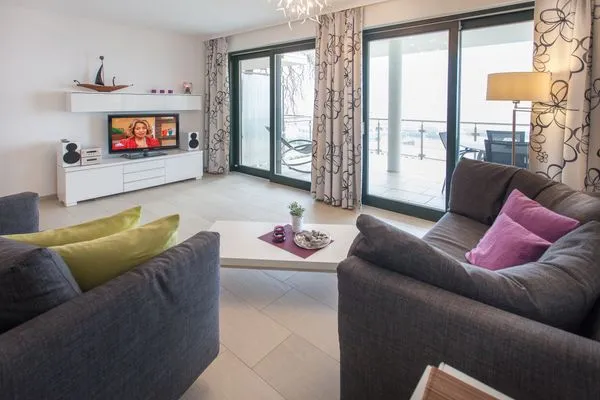 Wohnzimmer  Villa Friede-Marie, App. Ariane - mit Balkon und traumhaften Meerblick