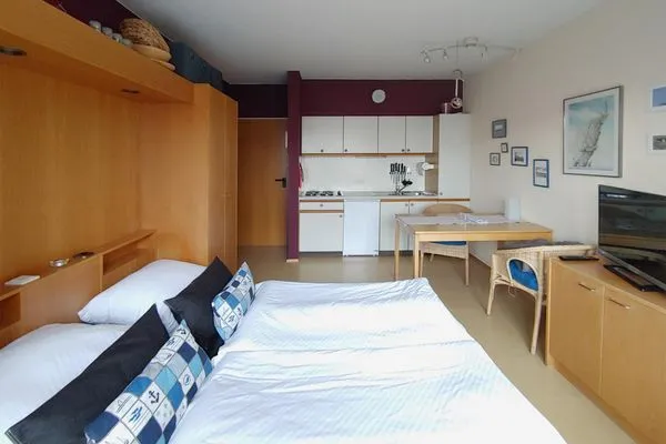 Wohnzimmer mit Schlafcouch in der Ferienwohnung Inselnest am Meer in Wittdün auf Amrum Haus *Südspitze 17* Ferienwohnung *Inselnest am Meer*