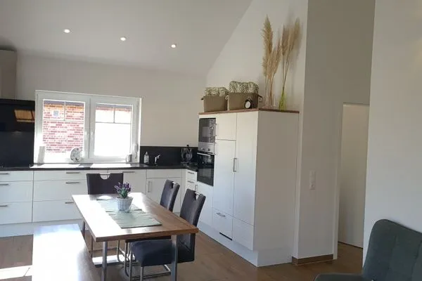 Moderne Küche mit Esstisch und Geräten  Ferienhaus  Deichoase