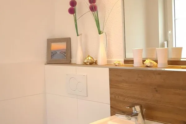 Modernes Badezimmer mit Waschbecken und Toilette  Ferienhaus  Deichoase