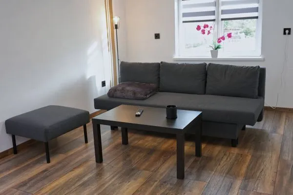 Wohnbereich mit ausklappbarer Couch  Ferienapartment Zur guten Quelle