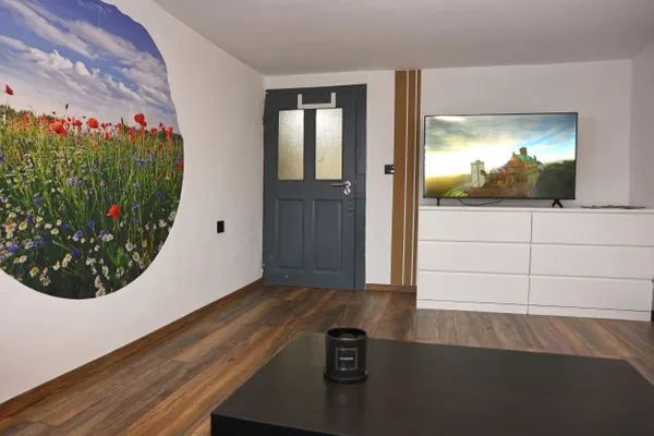 Blick von der Couch in Richtung Fernseher  Ferienapartment Zur guten Quelle