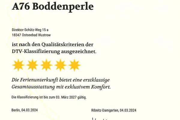 Ferienwohnung Boddenperle Ostseebad Wustrow - DTV Urkunde  Boddenperle