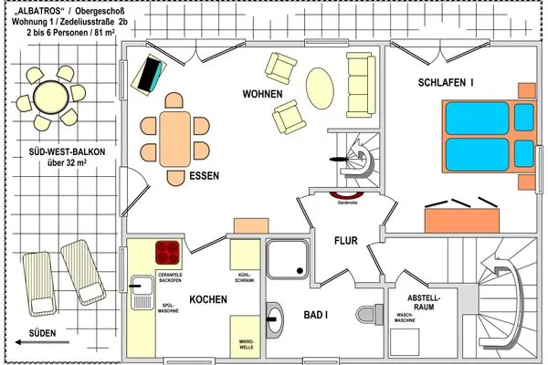 Wohn- und Schlafbereich (1. Etage)  Albatros Whg.01