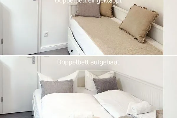 Schaubild zum Schlafsofa - Geöffnet und geschlossen  Mini-Appartement im Souterrain mit gratis Bettwäsche - Ideal für eine Nacht