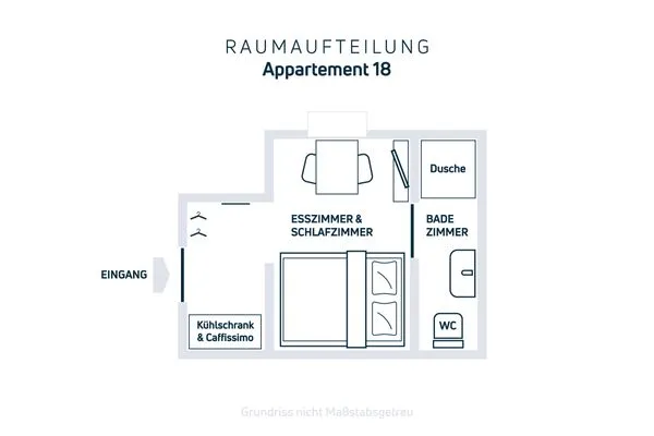Ansicht Zimmeraufteilung - 12qm  Mini-Appartement im Souterrain mit gratis Bettwäsche - Ideal für eine Nacht