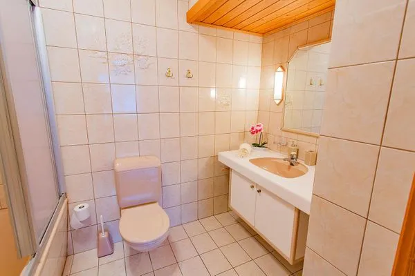 Badezimmer, Duschwanne und WC  Bergidyll 3 by Alpenidyll Apartments