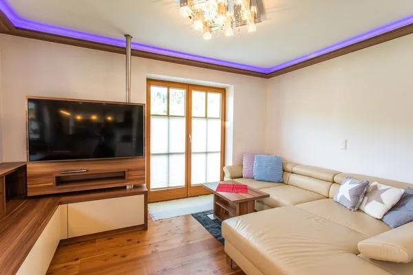 Wohnzimmer mit Schlafsofa und Fernseher  Sunshine Aich by Alpenidyll Apartments