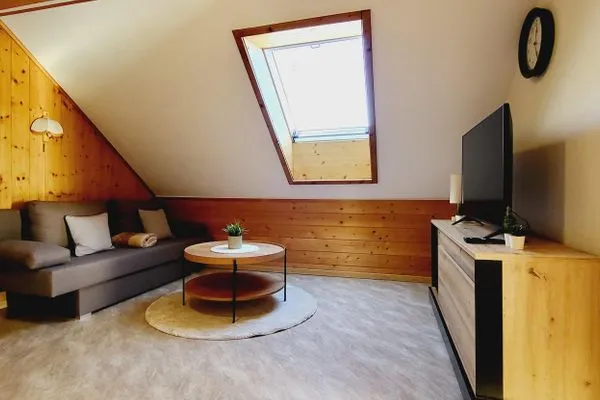 Living room, sofa bed and TV  Fischbacher App. 3 by Alpenidyll Apartments