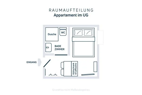 Ansicht Zimmeraufteilung  Strandnahe Mini Ferienwohnung im Souterrain mit gratis Wäschepaket