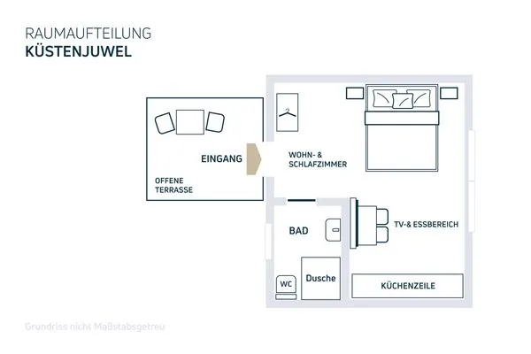 Ansicht Zimmeraufteilung  Romantische Ferienwohnung am Hafen mit gratis Bettwäsche-Paket und Terrasse
