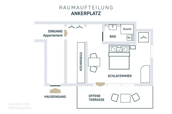 Grundriss und Raumaufteilung "Ankerplatz" Ferienwohnung  Charmantes Appartement am Hafen mit gratis Bettwäsche-Paket und Terrasse