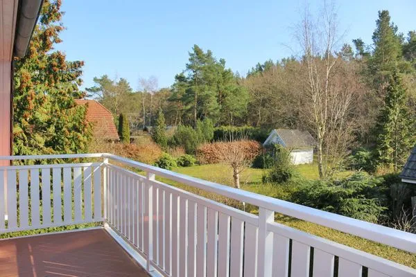 Blick vom Balkon auf Wiesen und angrenzenden Wald  Hühnergott