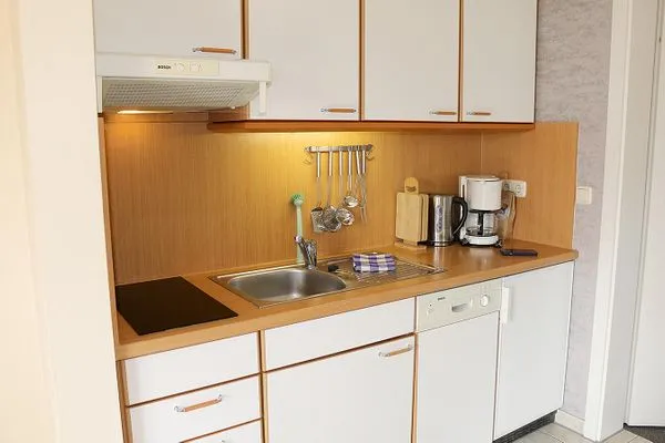 Küchenzeile mit Kühlschrank, Geschirrspüler, Kaffeemaschine, Wasserkocher, Toaster, ausreichend Geschirr  Holiday 2