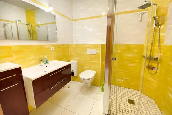 Badezimmer mit ebenerdiger Dusche, Waschtisch und WC  Hinter den Dünen - W86