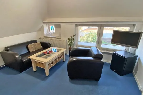 TV und kleiner Kühlschrank im Zimmer Haus Kleist Zimmer 3