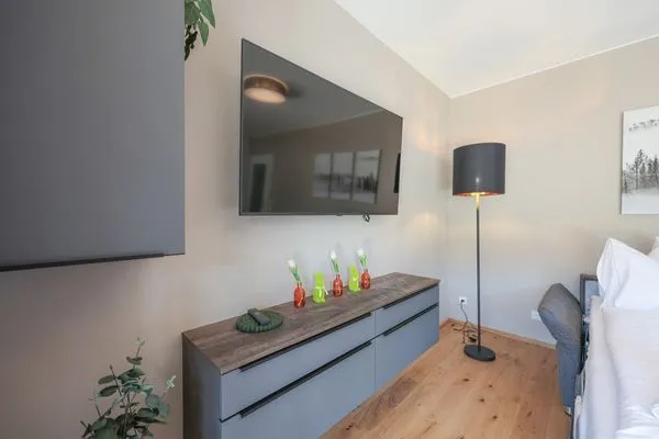 Wohnzimmer mit Schlafsofa und Fernseher  Mountain Lodge by Alpenidyll Apartments