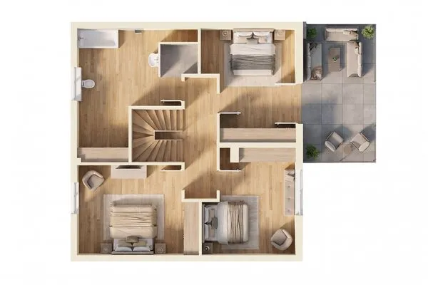 Grundriss  Ferienhaus "Haffhus" mit Balkon, Terrasse und 2 Bädern