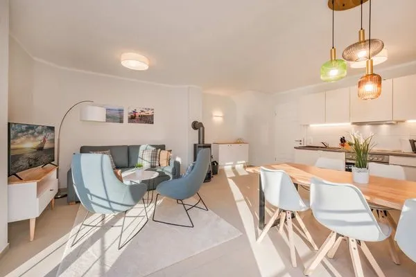Wohnzimmer  Ferienhaus Haff-Liebe mit Sauna, Kamin und Sonnenterrasse