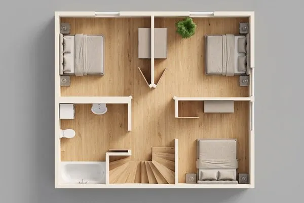 Grundriss  Ferienhaus Wiesenblick mit Kamin, Terrasse, Badewanne und Dusche