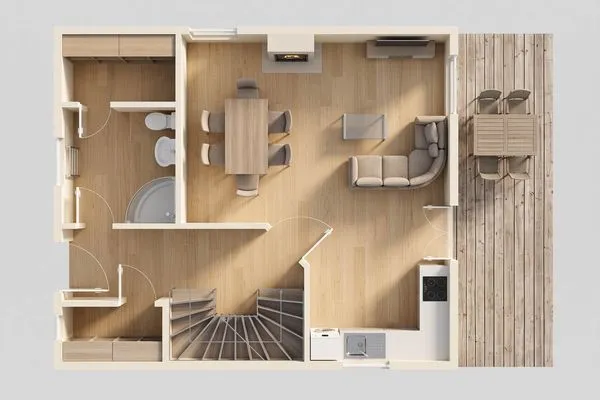Grundriss  Ferienhaus Wiesenblick mit Kamin, Terrasse, Badewanne und Dusche