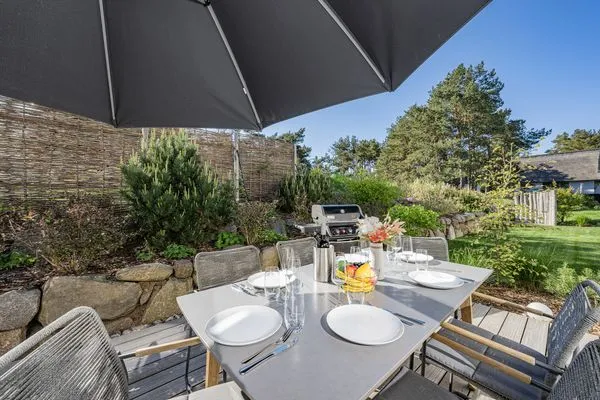 Terrasse  Ferienhaus Reethus bei den Wassern mit Sauna, Kamin und Terrasse