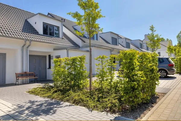 Fassade / Eingang  Ferienhaus Nordhorn mit Sonnenterrasse, 2 Schlafzimmern & Strandkorb