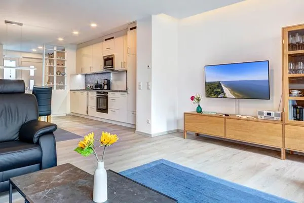 Wohnzimmer  Ferienhaus Nordhorn mit Sonnenterrasse, 2 Schlafzimmern & Strandkorb