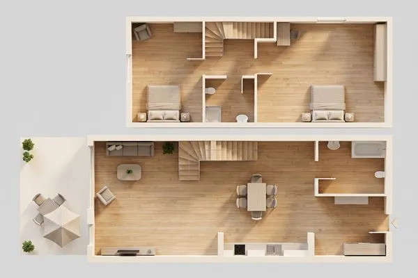 Grundriss  Ferienhaus Nordhorn mit Sonnenterrasse, 2 Schlafzimmern & Strandkorb