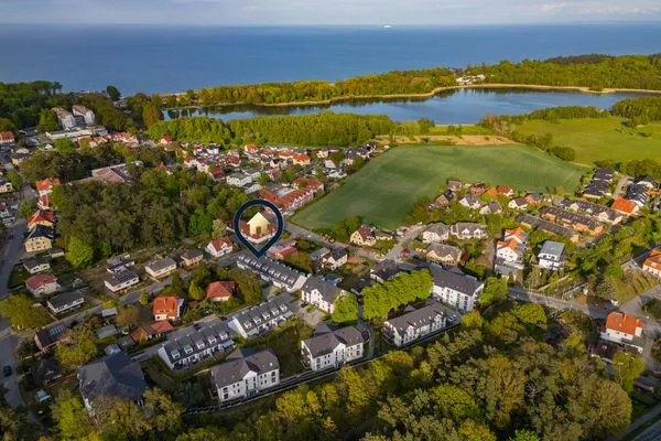 Vogelperspektive  Ferienhaus Nordhorn mit Sonnenterrasse, 2 Schlafzimmern & Strandkorb