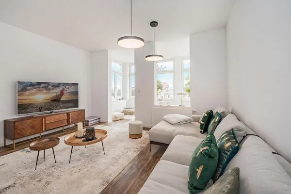 Wohnzimmer Haus Skanska App. Landskrona mit Balkon und nur 100 m bis zum Strand
