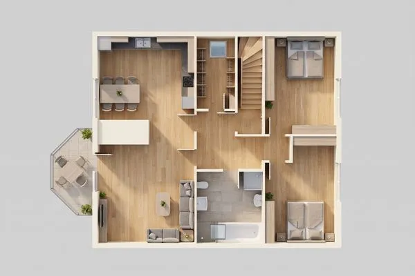 Grundriss  Ferienwohnung Strandlerche mit Balkon, Badewanne und Dusche