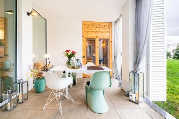 Terrasse  Apartment Edelweiss mit Sauna, Terrasse und privaten Zugang zum Haff