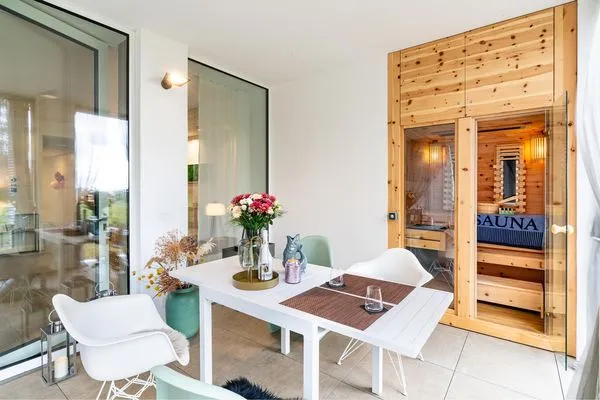 Terrasse  Apartment Edelweiss mit Sauna, Terrasse und privaten Zugang zum Haff