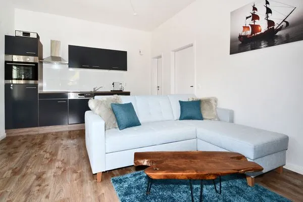 Wohnzimmer Haus Usedom App. MeeresBucht mit Sonnenterrasse und nur 350 m zum Strand