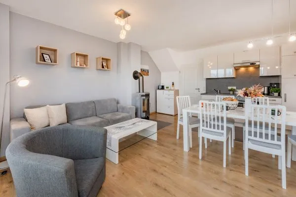 Wohnzimmer  Ferienhaus Anemone mit Kamin und großer Sonnenterrasse