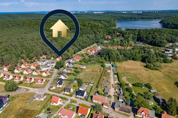 Vogelperspektive  Ferienhaus MeerSeenSucht mit Sauna, Terrasse und Grill
