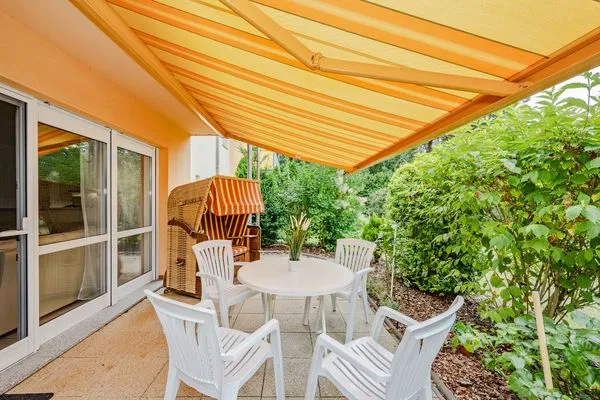 Terrasse  Ferienwohnung Gestrandet mit Terrasse, Parkplatz und WLAN