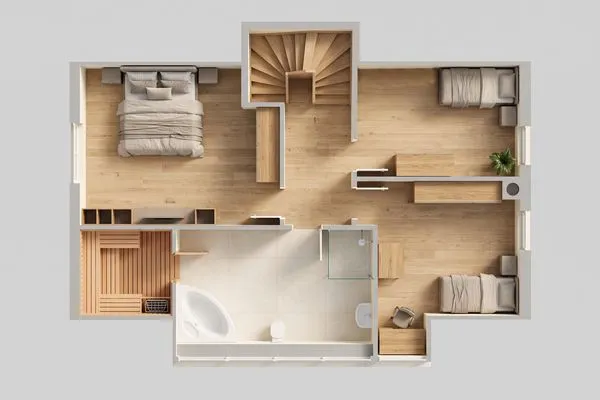 Grundriss  Ferienhaus Im Kiefernwäldchen mit Sauna, Kamin und Terrasse