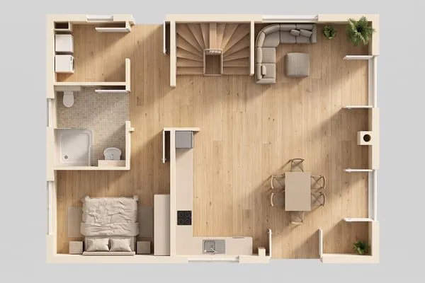 Grundriss  Ferienhaus Im Kiefernwäldchen mit Sauna, Kamin und Terrasse