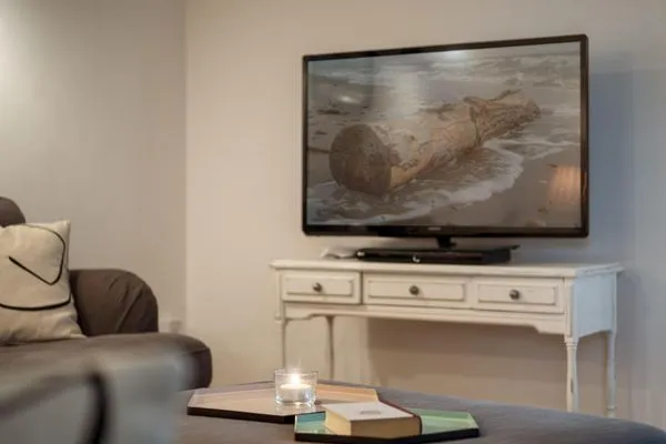 Im Wohnzimmer Flachbild-TV mit DVD-Player und vielen DVDs  Bauernhaus am Mühlendamm
