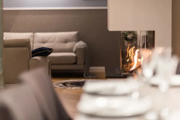 Esstisch mit Blick auf den Gaskamin Logierhaus Friedrich WE 17 - "Seestern"