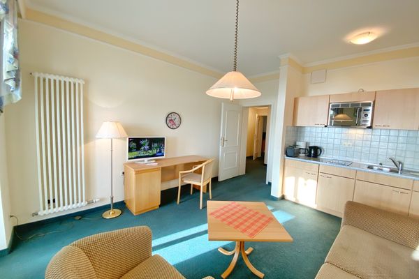 Wohnzimmer mit offener Küche